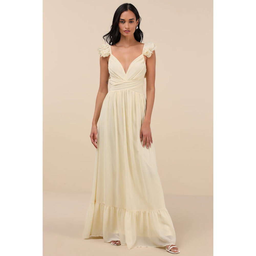 Lulus Soiree Celebration Light Yellow Ruffled Lace-up Maxi Dress Pink - Size S